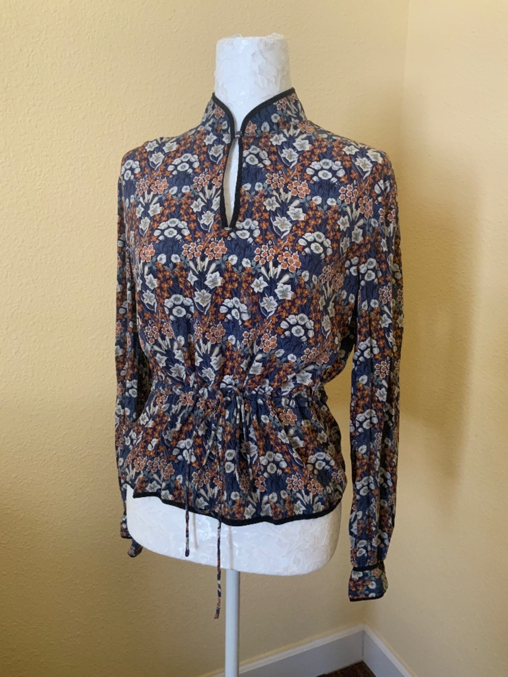 Margaret O'Leary Floral Blouse with cinched waist drawstring